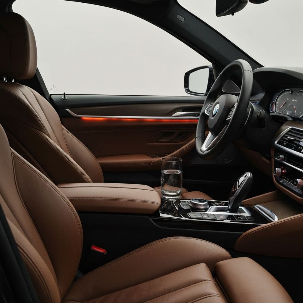 BMW 5 interiér - detail s vodou